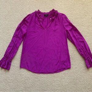 J. Crew Ruffled Long Sleeve Blouse 100% Silk Magenta Purple Size 4 GUC